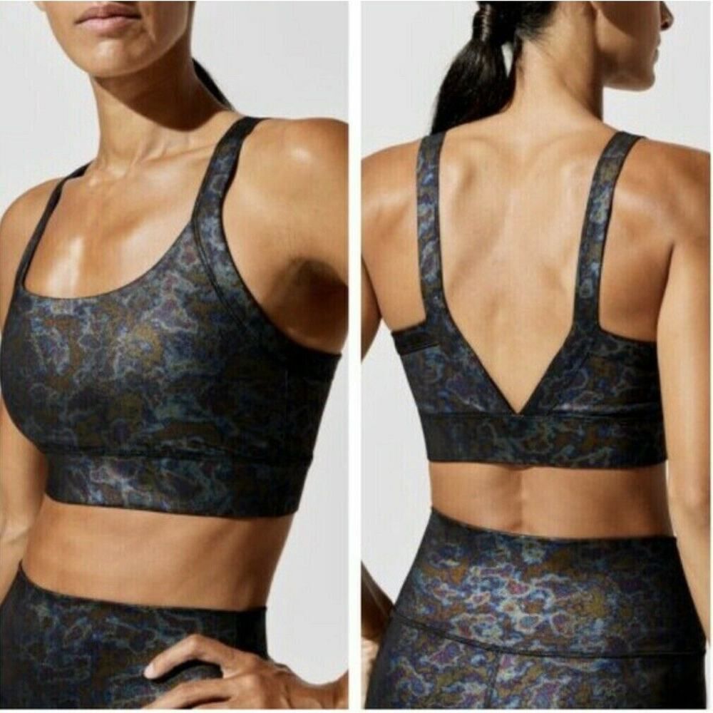 Carbon38 Black Oil Slick Galaxy Foil V Back Sports Bra NEW Rare M